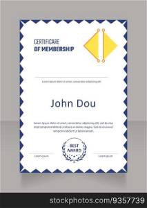Course membership certificate design template. Vector diploma with customized copyspace and borders. Printable document for awards and recognition. Teco Light, Semibold, Arial Regular fonts used. Course membership certificate design template