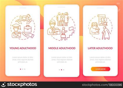 Course of adulthood onboarding mobile app page screen. Adult development stages walkthrough 3 steps graphic instructions with concepts. UI, UX, GUI vector template with linear color illustrations. Course of adulthood onboarding mobile app page screen