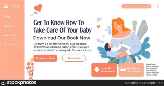 Course or guide with tips and recommendations on how to take care of your newborn baby. Basics for parents, mothers and fathers. Website landing page, internet site, vector in flat style illustration. Get to know how to take care of your baby, guide