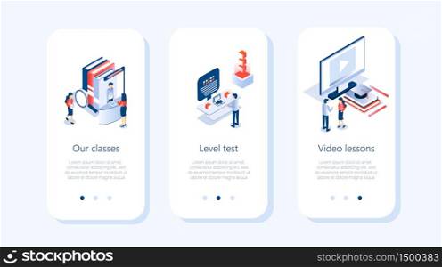 Courses app concept. Level test of knowledge is conducted on monitor. Tiny people are watching video lesson. Trendy isometric vector for website, social story.. Courses app concept. Level test of knowledge is conducted on monitor.