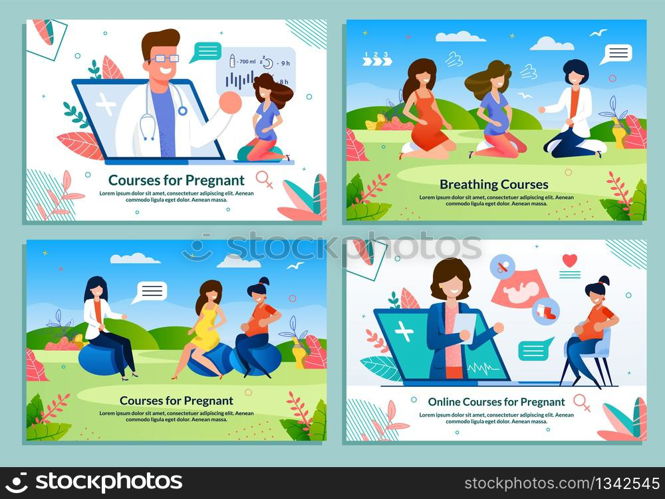 Courses for Pregnant and Breathing Training. Successful Maternal Tutorials with Practical Advices and Medical Support. Online App. Advertising Flat Banner Set. Vector Cartoon Illustration. Courses for Pregnant and Breathing Training Set