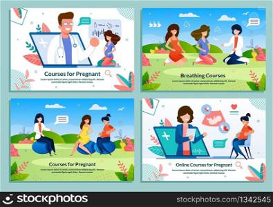 Courses for Pregnant and Breathing Training. Successful Maternal Tutorials with Practical Advices and Medical Support. Online App. Advertising Flat Banner Set. Vector Cartoon Illustration. Courses for Pregnant and Breathing Training Set