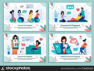 Courses for Pregnant Women, Maternity Classes, Fitness Aerobic Club, Training Lessons for Young Family Waiting Childbirth. Online Tutorials App. Advertising Banner Flat Set. Vector Illustration. Courses for Pregnant Maternity Classes Banner Set
