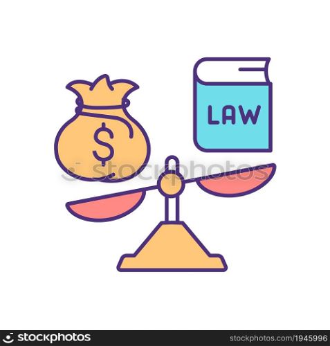 Court corruption RGB color icon. Violation of judicial independance. False verdict in exchange for bribe money. Corrupted judge. Isolated vector illustration. Simple filled line drawing. Court corruption RGB color icon
