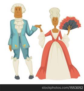 Court dame and cavalier Baroque epoch man with jabot and woman in ball gown with fan vector ancient fashion couple in wigs holding hands traditional clothes corset dress and jacket royal reception. Baroque epoch man and woman court dame and cavalier