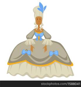 Court dame or noblewoman, Rococo style, woman in wig and ball gown with corset vector. Ancient fashion, girl in vintage outfits with feather in hair. Dress with decollete and bows, royal reception. Rococo style, woman in wig and ball gown or dress, court dame or noblewoman