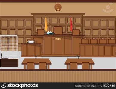 Court of law hall with wooden furniture, Judicial court interior vector illustration.