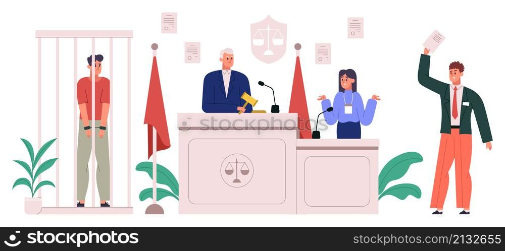 Court room interior, trial process with lawyer protect defendant. Courthouse during trial process, judge, lawyer and accused vector illustration. Court justice scene. Courtroom with judge. Court room interior, trial process with lawyer protect defendant. Courthouse during trial process, judge, lawyer and accused vector illustration. Court justice scene
