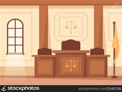 Court Room Interior with Judge or Jury Table, Flag and Wooden Judge&rsquo;s Hammer in Flat Cartoon Design Illustration