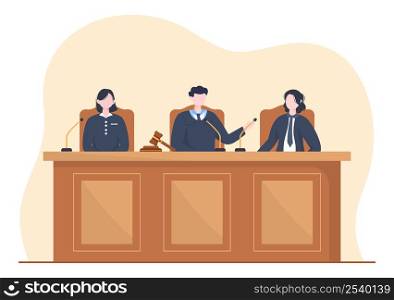 Court Room with Lawyer, Jury Trial, Witness or Judges and the Wooden Judge&rsquo;s Hammer in Flat Cartoon Design Illustration