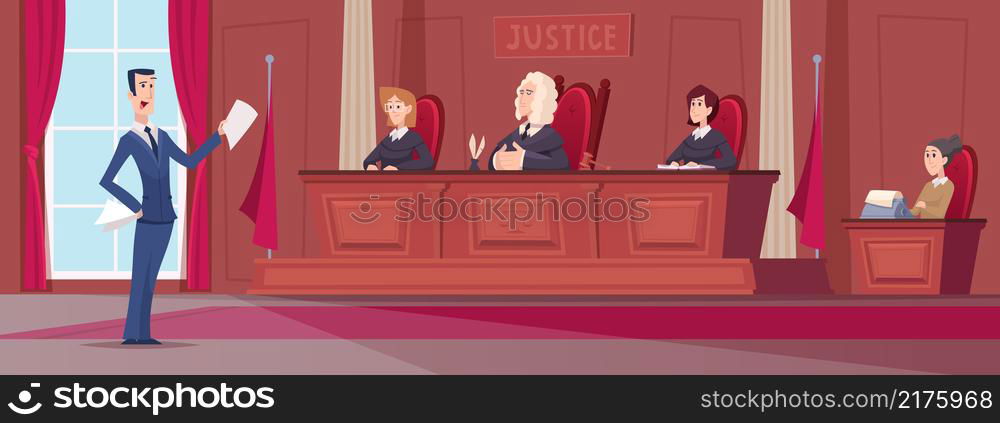 Courtroom. Judges in uniform sitting at court lawyers workers at table exact vector cartoon background. Illustration courtroom with judge and lawyer attorney. Courtroom. Judges in uniform sitting at court lawyers workers at table exact vector cartoon background