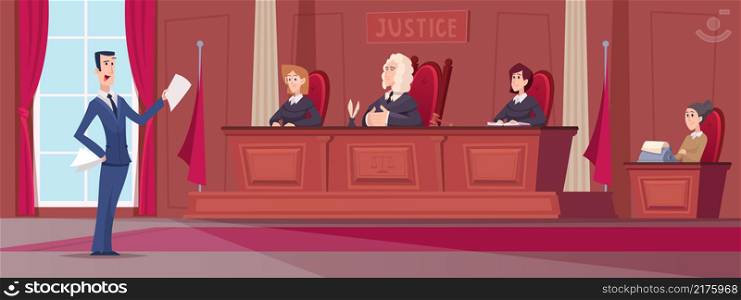 Courtroom. Judges in uniform sitting at court lawyers workers at table exact vector cartoon background. Illustration courtroom with judge and lawyer attorney. Courtroom. Judges in uniform sitting at court lawyers workers at table exact vector cartoon background