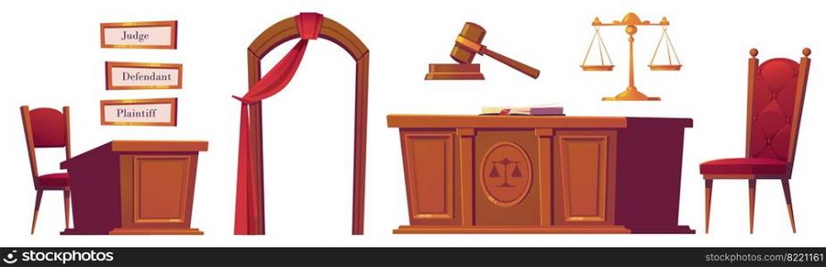 Courtroom objects set, wooden gavel, desk with scales and chairs, arch with red curtain, and plates for judge, defendant and plaintiff. Court room items isolated Cartoon vector illustration, icons. Courtroom objects set isolated on white background