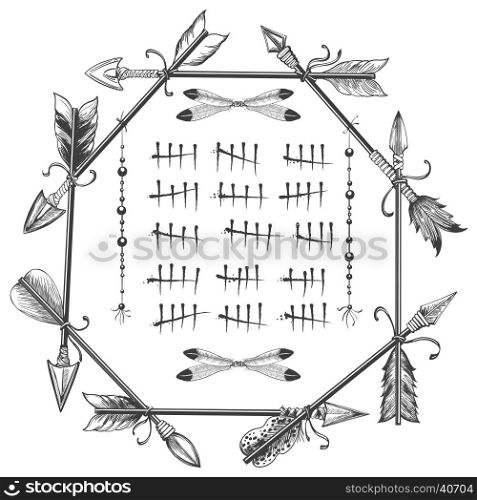 Couting tally numbers in arrows frame. Waiting couting tally numbers in arrows and feathers frame isolated on white. Vector illustration