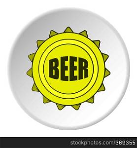Cover beer icon in cartoon style on white circle background. Bottle symbol vector illustration. Cover beer icon, cartoon style