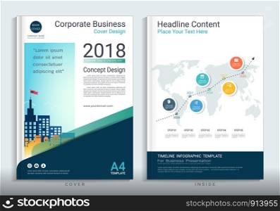 Cover book design template with presentation infographics elements, Use for annual report, proposal, brochure, flyer, leaflet, catalog, magazine, booklet, portfolio, Vector template in A4 layout.