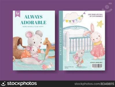 Cover book template with adorable animals concept,watercolor style 