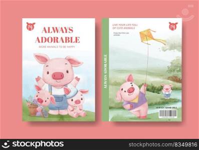 Cover book template with adorable animals concept,watercolor style 