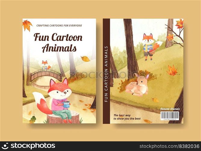 Cover book template with autumn animal concept,watercolor style 