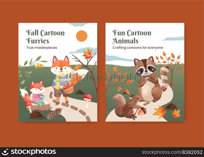 Cover book template with autumn animal concept,watercolor style 