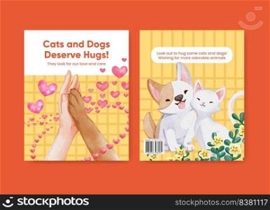 Cover book template with cute dog and cat hugging concept,watercolor style

