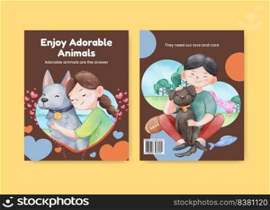 Cover book template with cute dog and cat hugging concept,watercolor style 