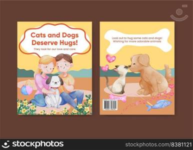 Cover book template with cute dog and cat hugging concept,watercolor style 