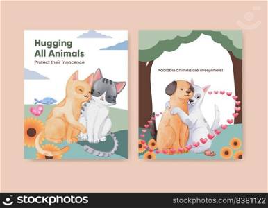 Cover book template with cute dog and cat hugging concept,watercolor style
