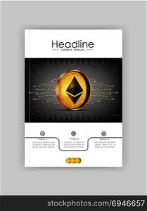 Cover design ethereum golden coin space futuristic background. Modern dark design with lines in action. Digital cryptocurrency. Good for book cover, banner, report, flyer, web, page, magazine. Vector.
