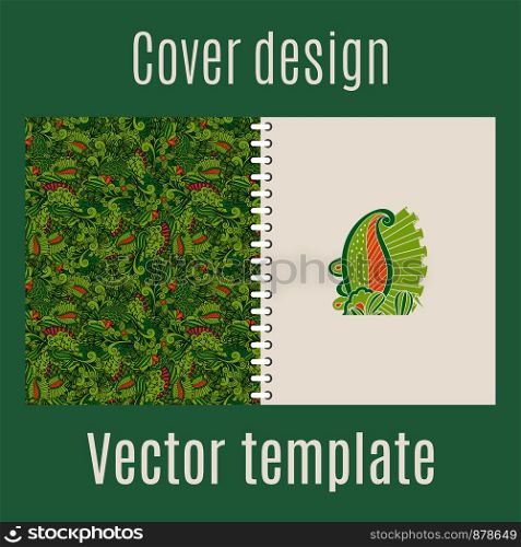 Cover design for print with jungle leaves and swirl ornament. Vector illustration. Cover design with jungle leaves