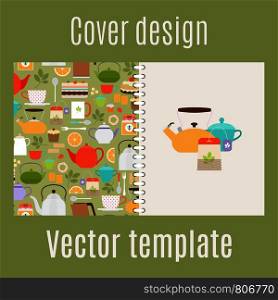 Cover design for print with teapots and cups pattern. Vector illustration. Cover design with teapots pattern