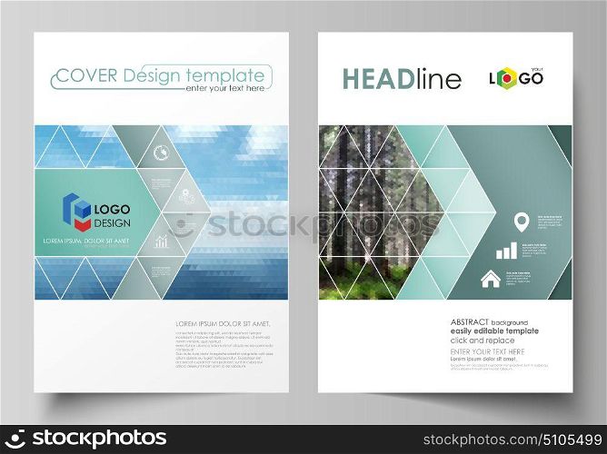 Cover design template, abstract vector layout in A4 size. Colorful background, travel business, natural landscape in polygonal style. Templates for brochure, magazine, flyer, booklet or annual report.. Business templates for brochure, magazine, flyer, booklet or annual report. Cover design template, easy editable vector, abstract flat layout in A4 size. Colorful background made of triangular or hexagonal texture for travel business, natural landscape in polygonal style.