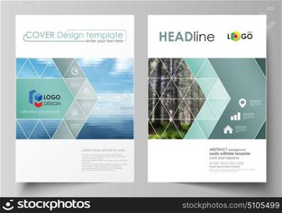 Cover design template, abstract vector layout in A4 size. Colorful background, travel business, natural landscape in polygonal style. Templates for brochure, magazine, flyer, booklet or annual report.. Business templates for brochure, magazine, flyer, booklet or annual report. Cover design template, easy editable vector, abstract flat layout in A4 size. Colorful background made of triangular or hexagonal texture for travel business, natural landscape in polygonal style.