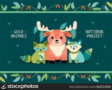 Cover design with boho animals. Cute raccoon, fox, reindeer with decorations. Vector illustrations with text on dark background. Wildlife concept for poster, website or webpage background