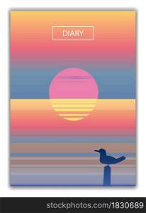 Cover diary background design template for book, notebook, flyer, banner, poster, card. Abstract seascape ocean sunset view , seagull minimalist style. Vector illustration isolated. Cover diary background design template for book, notebook, flyer, banner, poster, card. Abstract seascape ocean sunset view, seagull minimalist style. Vector illustration