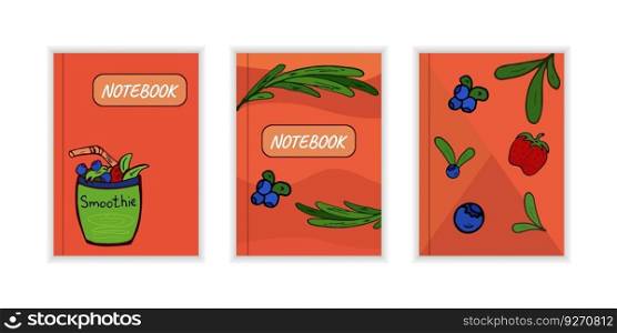 Cover page templates with berries. Red layouts with strawberries, smoothie, blueberry. Doodle Vector. Design cover for notebooks, planners, sketchbook, notepad, brochures, books, catalogs etc.. Cover page template with berries. Red layouts with strawberries, smoothie, blueberry. Doodle Vector.