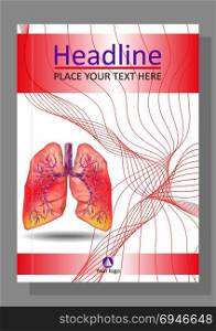 Cover template for books, banner, journal. Sick human realistic lungs and trachea in low poly. Line waves. Inflammation around both lungs. Infection, tuberculosis, cancer, pulmonary embolism. Vector.