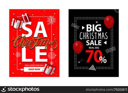 Cover with info about Xmas and New Year discounts. Big Christmas sale up to 70 percent off, vector brochure with balloon, presents and gift boxes. Cover with Info about Xmas and New Year Discounts