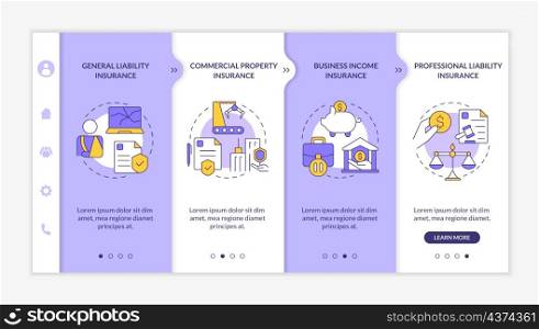Coverage types purple and white onboarding template. Insurance. Responsive mobile website with linear concept icons. Web page walkthrough 4 step screens. Lato-Bold, Regular fonts used. Coverage types purple and white onboarding template