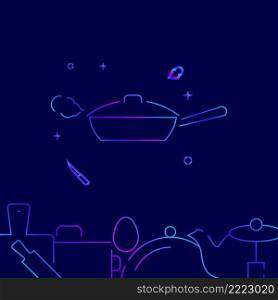Covered frying pan gradient line vector icon, simple illustration on a dark blue background, kitchen related bottom border.. Covered frying pan gradient line icon, vector illustration