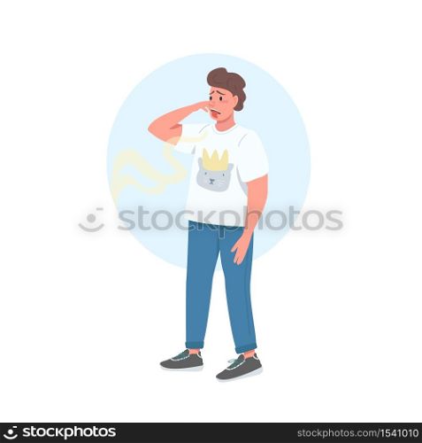 Covering nose male flat color vector detailed character. Bad smell. Guy sniff gross odor. Reaction to stink. Disgusting flavor isolated cartoon illustration for web graphic design and animation. Covering nose male flat color vector faceless character