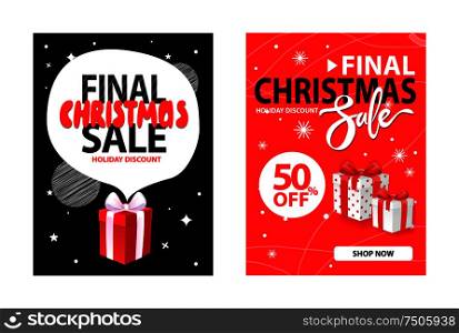 Covers design with info about Xmas and New Year discounts. Christmas sale for a limited time vector brochures with gift boxes, snowflakes and gifts. Covers Design, Info about Xmas and New Year Sale