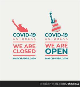 COVID-19 Banner. USA theme with the satue of Liberty. COVID-19 vector banner set. USA Liberty statue