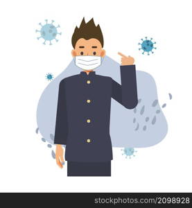 covid-19 concept.male japanese student is showing that he is wearing medical mask.Flat vector cartoon character illustration.