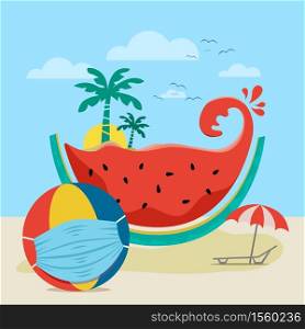 Covid-19 coronavirus vacation concept watermelon and beach ball with protective medical mask.