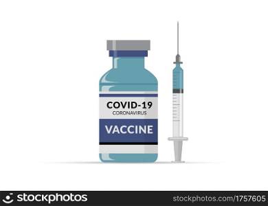 Covid-19 coronavirus vaccine. Syringe and vaccine vial flat icons. Covid-19 corona virus vaccination with vaccine bottle and syringe injection tool.