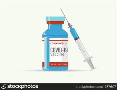 Covid-19 coronavirus vaccine. Syringe and vaccine vial flat icons. Covid-19 corona virus vaccination with vaccine bottle and syringe injection tool.