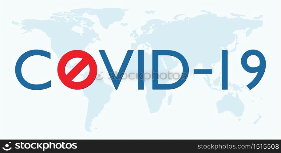 Covid 19 Coronavirus vector icon sign banner on world map. Stop Novel Coronavirus outbreak covid-19 2019-nCoV symptoms in Wuhan China.Travel or vacantion warning with air plane and quarantine with protective mask.