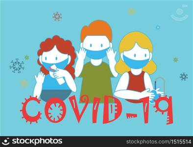 COVID-19 hygiene promotion with wearing a face mask, sanitizing with alcohol and washing your hands, cartoon character flat vector illustration.