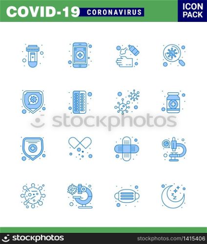 Covid-19 icon set for infographic 16 Blue pack such as protection, scan, cleaning, virus, bacteria viral coronavirus 2019-nov disease Vector Design Elements